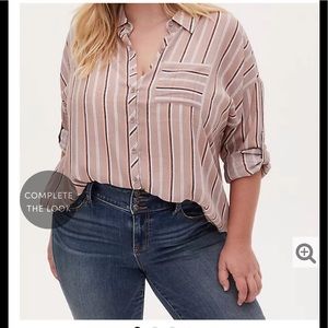 TAUPE STRIPE GAUZE RELAX FIT TUNIC SHIRT